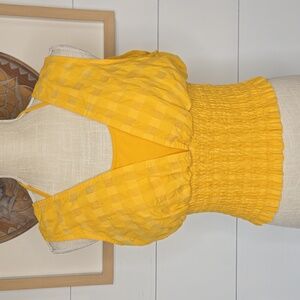 Anthropologie Maeve Yellow Gingham Smocked Halter Neck Plunge Tank Size Large